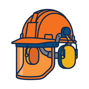 illustration of industrial safety helmet with face shield and ear defenders