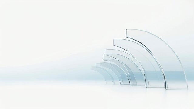 Transparent glass arches arranged in a sequential row on white background