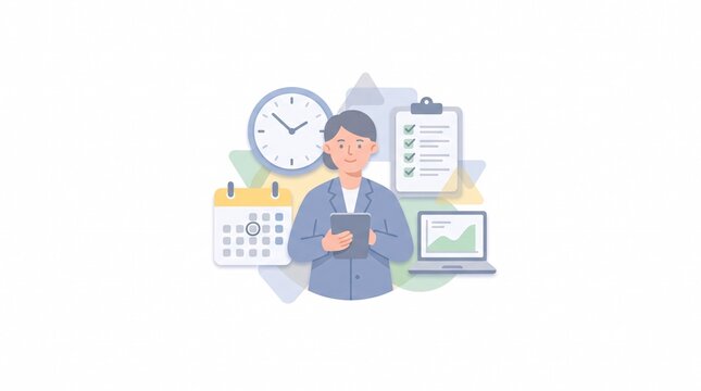 A businesswoman with digital tablet organizing schedule, managing time, and analyzing data with laptop and checklist