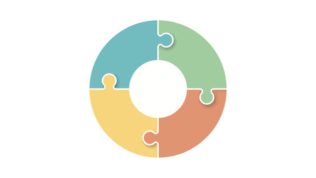 Circular puzzle diagram with four colorful interlocking segments isolated on white background showing concept of business strategy and team cooperation