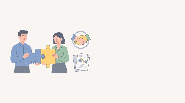 Teamwork and Collaboration Two individuals successfully assembling a jigsaw puzzle, symbolizing partnership and shared goals, with handshake and document icons representing business synergy