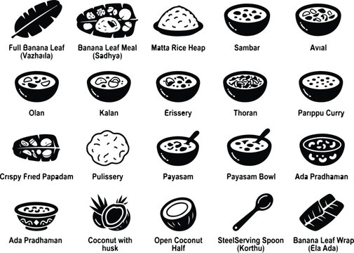 Traditional South Indian Kerala Sadhya Food Vector Icon Set