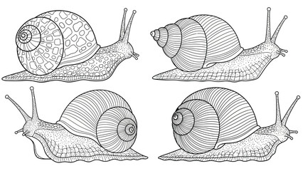 Collection of four unique snail illustrations, each showcasing detailed shells and bodies in various poses, hand-drawn outline vector art. © hossain