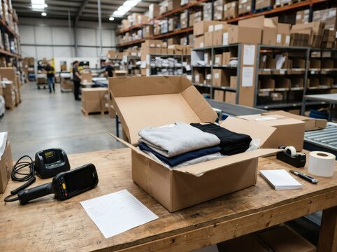 Warehouse packing station with a cardboard box containing folded clothing, a barcode scanner, and shipping labels on a wooden table in a facility