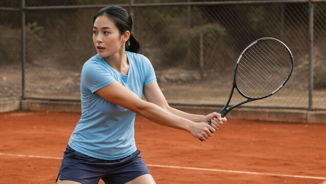 Young Asian woman playing tennis on a red clay court. Female athlete holding a racket ready for a backhand stroke. Outdoor sports and competitive fitness concept