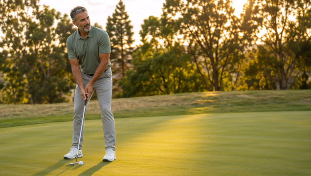Middle aged Caucasian man playing golf on a putting green. Male golfer holding a putter and looking away during golden hour. Outdoor sports and leisure activity