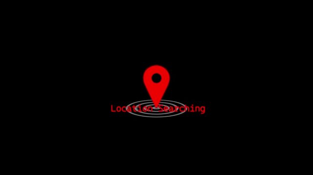 A glowing location searching icon featuring a map pin combined symbol.The radio wave signal rings symbolizing real-time represents location search on technology on black background.