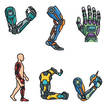 mechanical limb vector set depicting bionic arms and legs for futuristic medical concepts