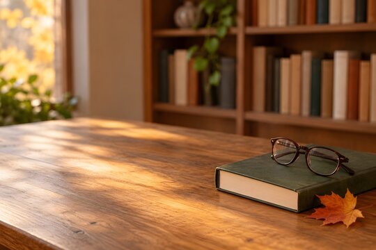 秋の本棚と閉じた本と眼鏡を配置した読書フェア向け背景