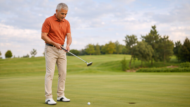 Mature man playing golf on a green course. Senior golfer putting a ball near the hole on a sunny day