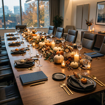 Elegant long dining table set with autumn decorations and gourmet food