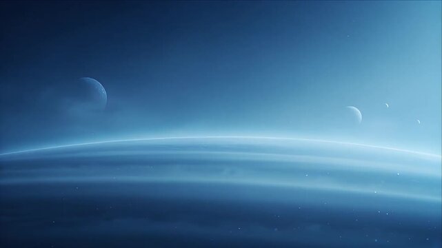 Space Futuristic Blue Space Horizon with Crescent Moon, Distant Planet, Glowing Atmosphere, Celestial Galaxy Particles, and Serene Cosmic Landscape Evoking Mystery, Calm, and Exploration