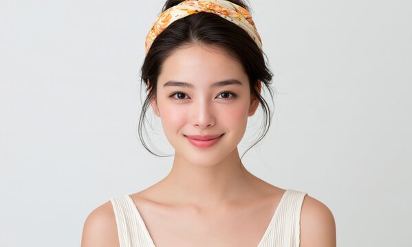 Beautiful young woman with flawless skin and floral hair band portrait x