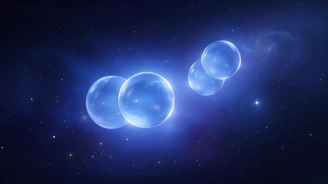 Space Glowing Blue Bubble Cluster Floating Through Deep Cosmic Space, Celestial Sphere, Star Field, Cosmic Haze, Magical Glow, Dreamy Science Fiction Atmosphere, Luminous Fantasy Background