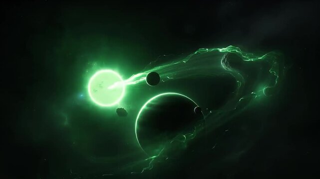 Space Surreal Green Cosmic Scene with Glowing Star, Dark Planet, Small Moon, Green Energy Sphere, Orbiting Planet, Luminous Atmospheric Cloud, and Mysterious Sci Fi Space Composition