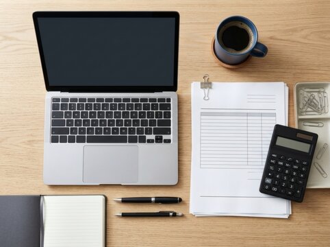 Laptop, coffee cup, calculator, and documents on a wooden desk with a notebook and pens arranged in a clean home office workspace layout
