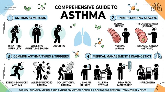 Comprehensive guide to asthma medical infographic, respiratory health symptoms and triggers chart, lung anatomy and airway inflammation diagram