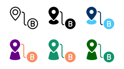 Set of six map location pin to destination b icons in various colors with navigation location destination interface © Mst Runa