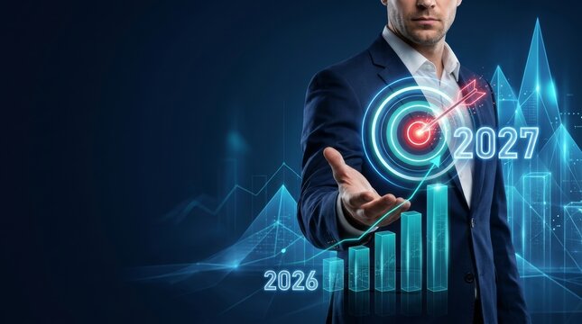 A businessman presents growth projections with futuristic digital graphics, indicating targets for 2026 and 2027.
