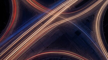 Obraz premium Nighttime aerial photograph of light trails on a multi-lane highway, capturing dynamic motion.