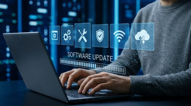 Person using a laptop with digital interface showing software update process.