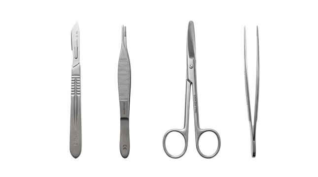 Surgical instruments on black background, Scalpel, Forceps, Scissors, Tweezers, Medical tools