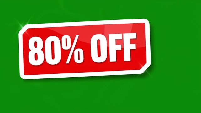 A vibrant red rectangular promotional sign featuring bold white text announcing an eighty percent discount against a solid green background