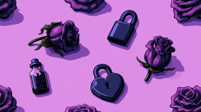Dark purple rose flowers lock heart shaped lock bottle on vibrant pink background artistic seamless pattern