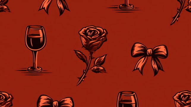 Seamless romantic pattern with vintage hand drawn rose, ribbon bow, and wine glass on dark red background art