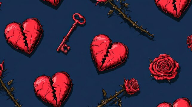 Seamless pattern with broken heart, vintage key, thorn branch, and rose elements on dark blue background design