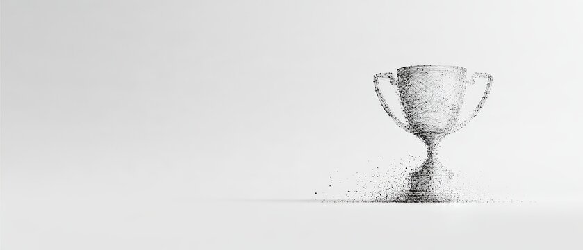 Abstract digital trophy cup made of scattered black particles with a white background symbolizing success and achievement