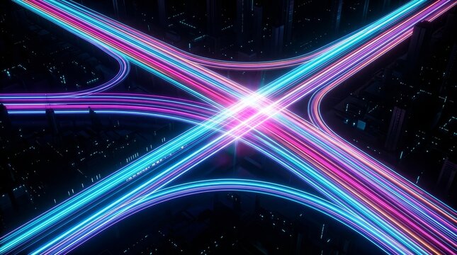 Vibrant neon lights form an abstract city road network at night, creating a dynamic urban scene.