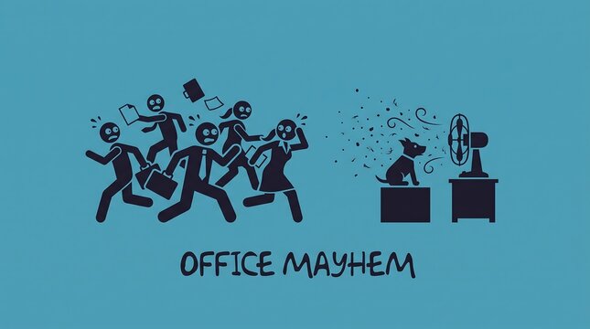 Office mayhem conceptual illustration, chaotic business workplace with panicked stick figures, stressful corporate environment with dog hitting the fan
