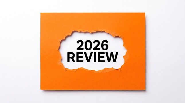 2026 Review text appearing through torn orange paper, annual business report concept, yearly performance evaluation and financial summary