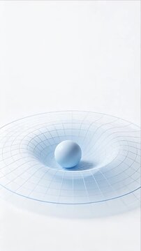 Space Blue Sphere on Curved Grid Surface with White Geometric Object, Minimalist Abstract Scene, Soft Shadow, Spacious Background, Calm Futuristic Depth and Scientific Visual Atmosphere