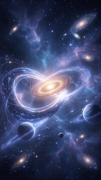 Space Cosmic Galaxy Space Scene with Glowing Spiral Starlight, Colorful Nebula, Luminous Planet, Celestial Energy Vortex, Distant Stars, Astronomy Wonder and Infinite Universe Motion