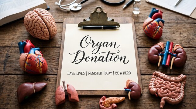 Organ donation awareness concept, medical clipboard with anatomical human organ models, healthcare life saving campaign on rustic wooden background