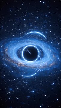 Space Black Hole Accretion Disk Surrounded by Swirling Starlight, Stars, and Blue Cosmic Energy in Deep Space Galaxy Scene for Astronomy, Science, and Mysterious Cosmos Exploration