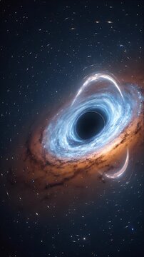 Space Black Hole Accretion Disk Swirling Through Cosmic Space, Spiral Galaxy, Stellar Light, Glowing Matter, Luminous Ring, Blue and Orange Gas, Distant Star Field, Gravitational Lens Around Dark