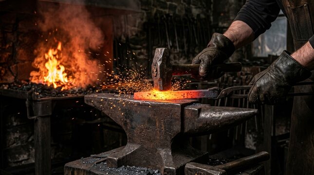 A blacksmith works metal on an anvil with sparks flying, creating a vivid scene.