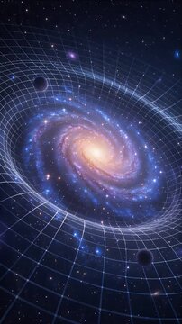 Space Spiral Galaxy with Glowing Core, Curved Spacetime Grid, Cosmic Light, Stars, Orbiting Planet, and Deep Space Wonder for Astronomy Science Education and Universe Visual Storytelling