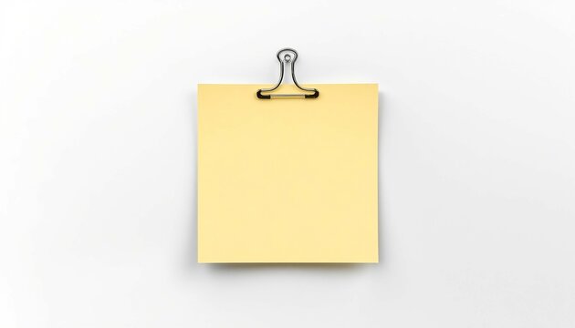 Yellow square sticky note attached with a metal binder clip on white wall