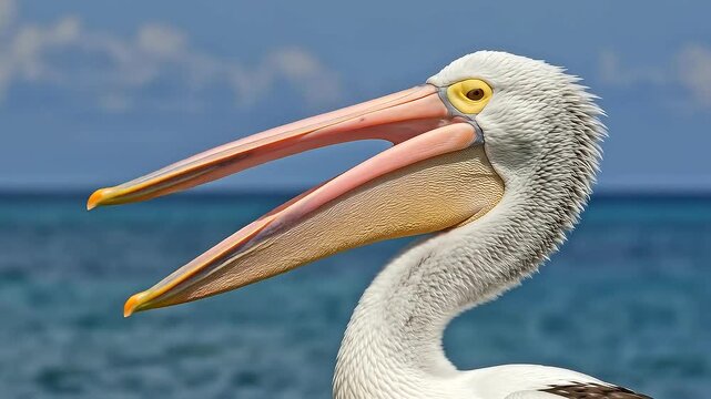 Australian pelican perches on post and opens beak by ocean
