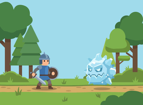 A medieval character wearing simple armor and carrying a shield and sword, about to fight an ice villain in an enchanted forest.