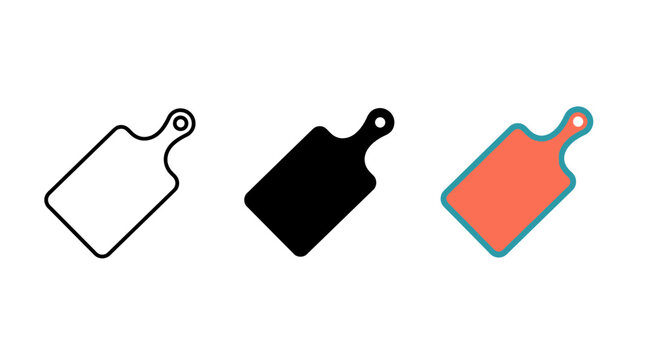Kitchen cutting board icon set featuring line art solid black and colorful design styles chopping culinary collection