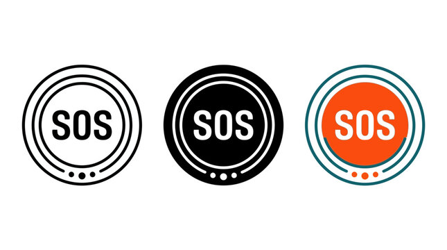 Set of sos emergency icons in line solid and colorful flat styles with emergency distress illustration silhouette