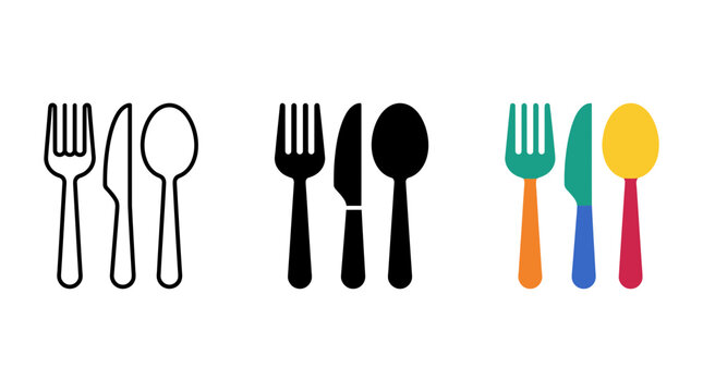 Kitchen cutlery set including fork knife and spoon in line art solid black and colorful vector styles with tableware