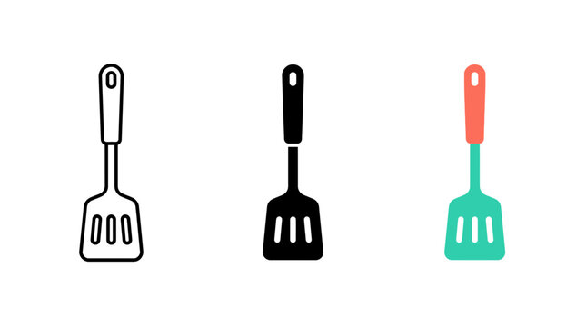 Slotted spatula kitchen utensil vector icons in different styles with culinary flatware equipment illustration
