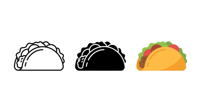 Mexican taco fast food vector illustration set including line art and flat color icons with fastfood tortilla colorful