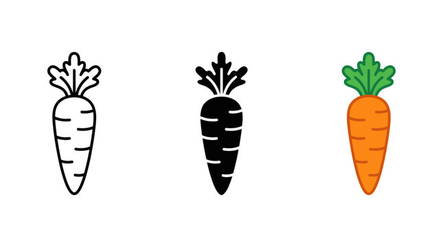 Fresh orange carrot vegetable icon in outline and flat graphic design styles with vegetable nutrition ingredient